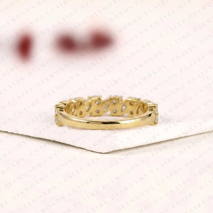 1.12 TCW Marquise & Round Cut Moissanite Diamond Half Eternity Wedding Band Yellow Gold Alternating Band