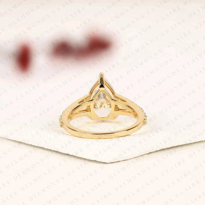 Pear Cut Moissanite Diamond Engagement Ring Split Shank Pave Diamond Ring Bridal Ring
