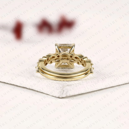 Emerald Cut Lab Grown Diamond Engagement Ring Bridal Set Ring with Pavé Diamond Band Modern Unique Bridal Jewelry