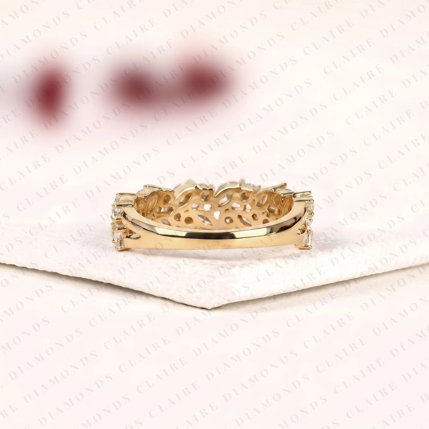 1.50 tcw marquise & round cut moissanite diamond nature inspired gold band ring half eternity wedding band