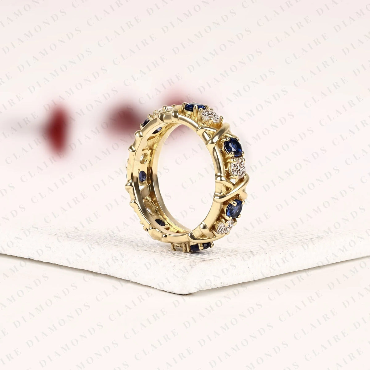 2.10 tcw round lab grown diamond band with blue sapphire accents unique gold eternity wedding ring vintage inspired stackable band for women