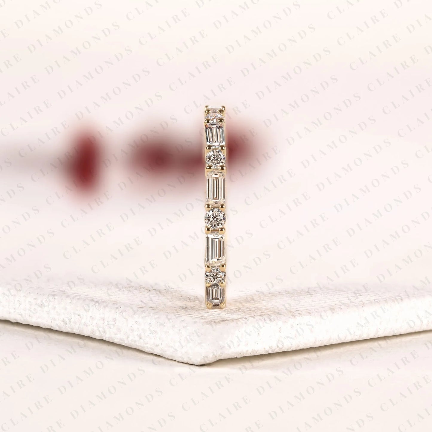 1.50 tcw baguette & round moissanite diamond eternity band in gold - stackable wedding band.
