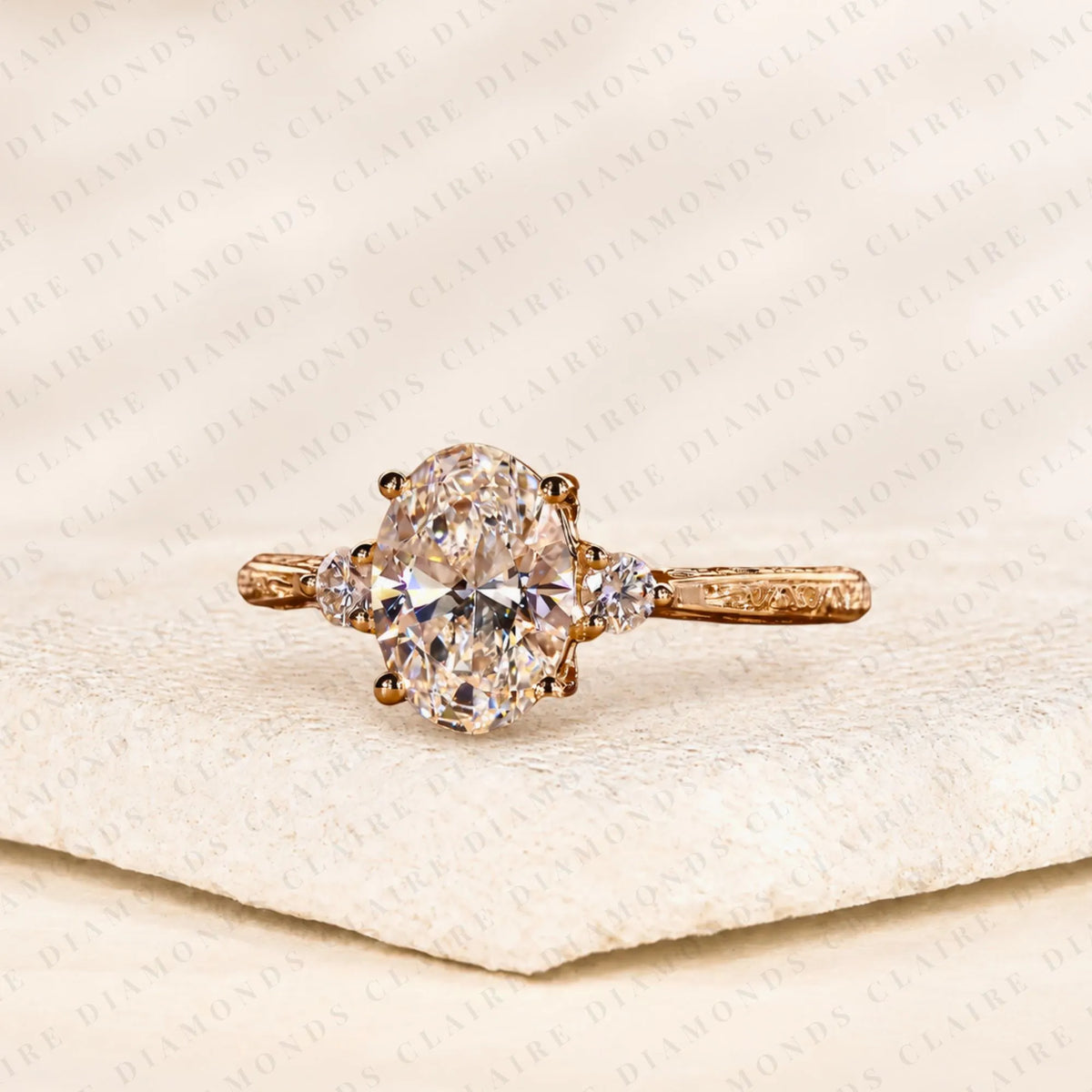 Oval Cut Lab Grown Diamond Ring Vintage Inspired Three Stone Engagement Ring with Side Diamonds Timeless Jewelry