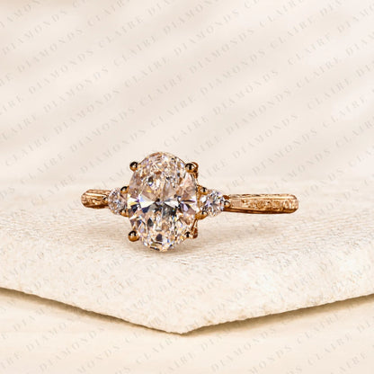 Oval Cut Lab Grown Diamond Ring Vintage Inspired Three Stone Engagement Ring with Side Diamonds Timeless Jewelry