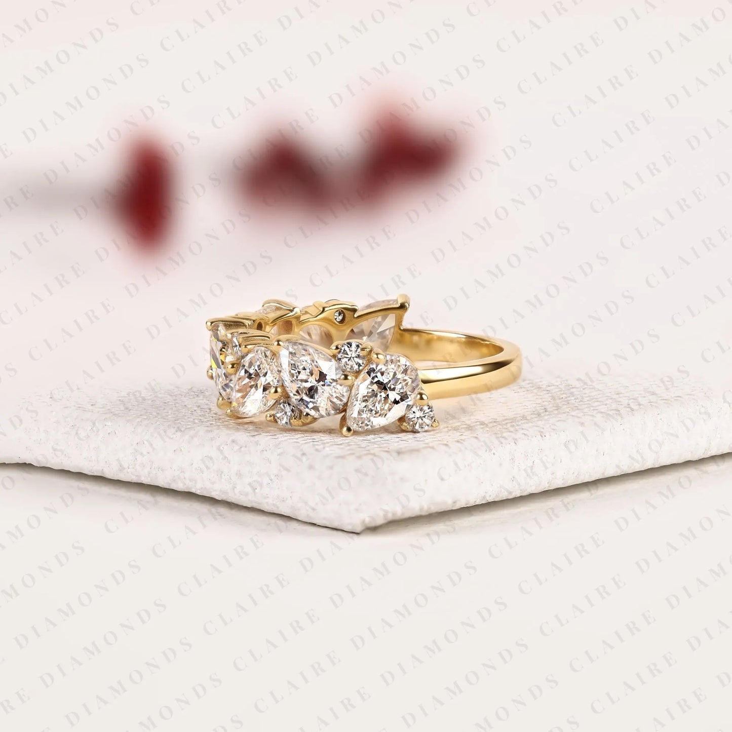 4.00 tcw pear & round cut lab grown diamond wedding floral cluster eternity band vintage inspired bridal jewelry