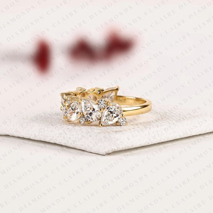 4.00 TCW Pear & Round Cut Lab Grown Diamond Wedding Floral Cluster Eternity Band Vintage Inspired Bridal Jewelry