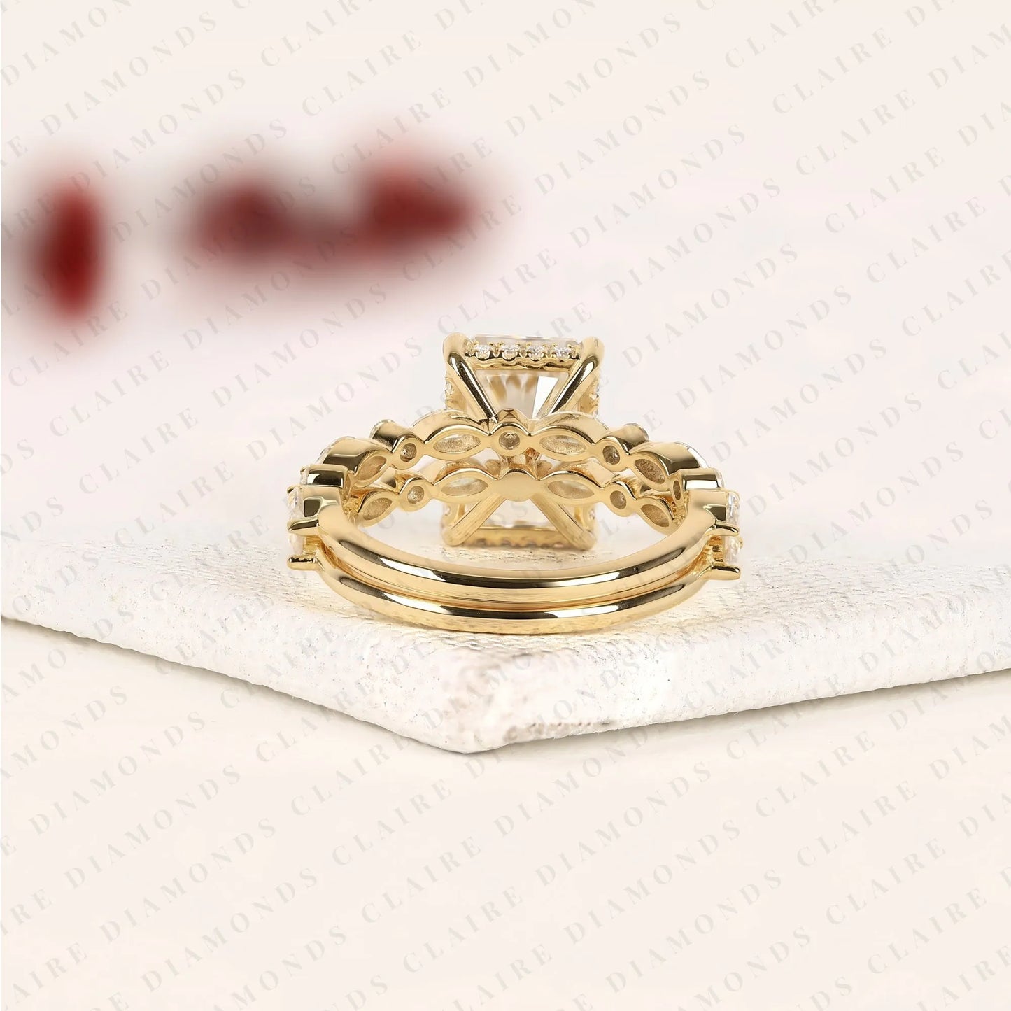 designer radiant cut lab grown bridal ring set with marquise and round diamond accents