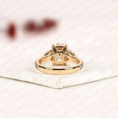 Cushion Cut Three Stone Moissanite Diamond Engagement Ring Trillion Side Stone Diamond Ring Split Shank Pave Ring