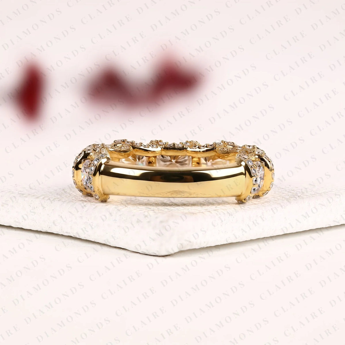3.35 tcw round cut lab grown diamond band luxury vintage ornate gold band multi stone wedding band elegant anniversary jewelry