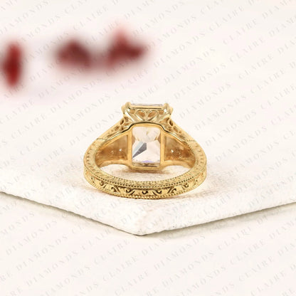 Radiant Cut Lab Grown Diamond Engagement Ring Vintage Milgrain Split Shank Pave Diamond Ring Unique Bridal Ring for Women