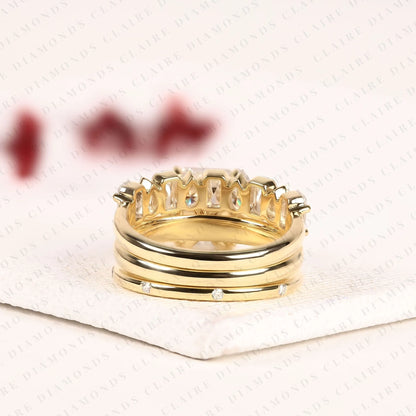 Emerald Cut Lab Grown Diamond Engagement Ring Set Double Band Bridal Set Three Row Diamond Ring Luxury Gold Jewelry