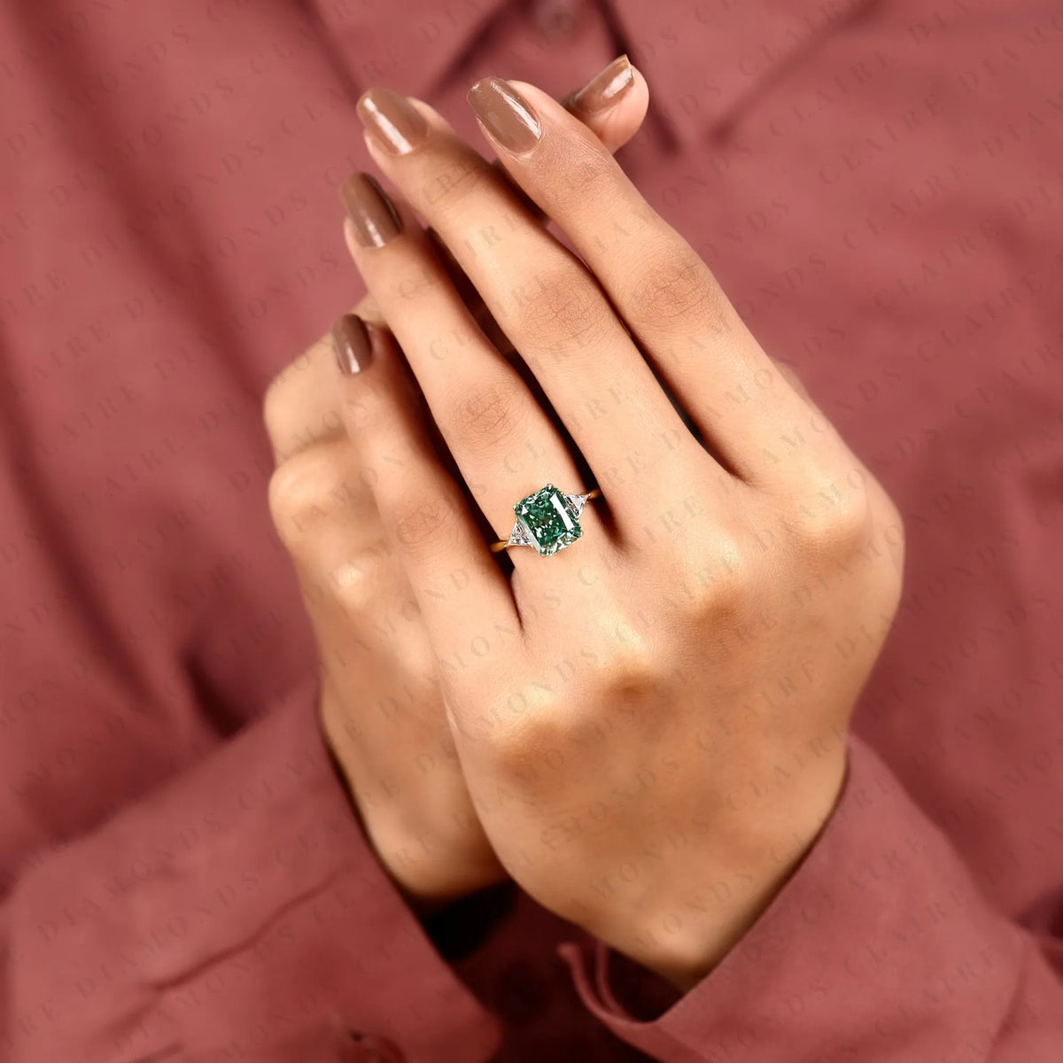 radiant cut green lab grown diamond engagement ring  three stone ring with trillion diamond accents luxury bridal jewelry