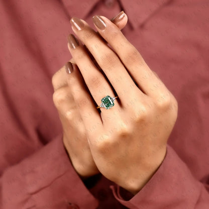Radiant Cut Green Lab Grown Diamond Engagement Ring  Three Stone Ring with Trillion Diamond Accents Luxury Bridal Jewelry