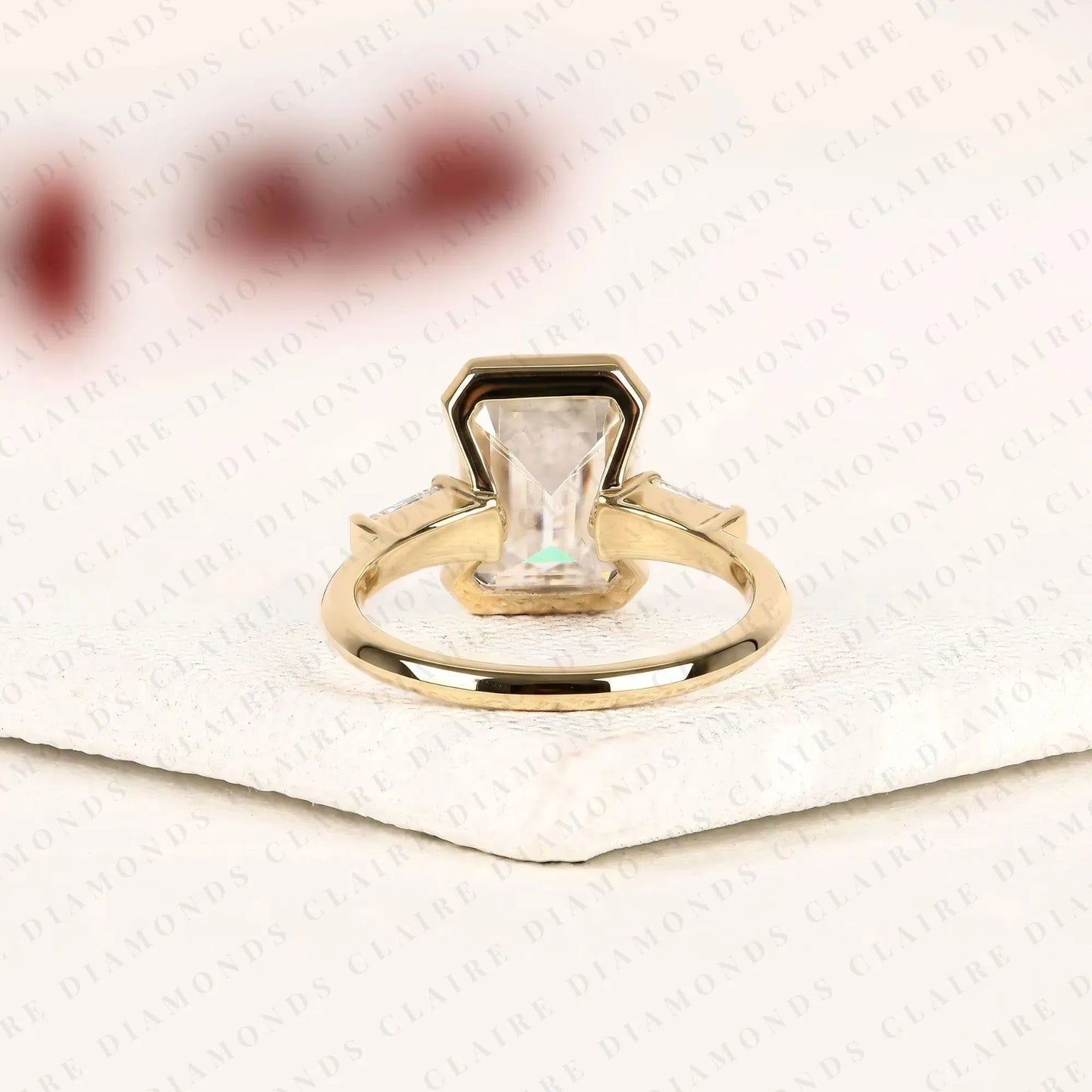 emerald cut lab grown diamond past, present & future gold ring ,half bezel & three tone engagement ring with tapered baguette side diamonds ring.