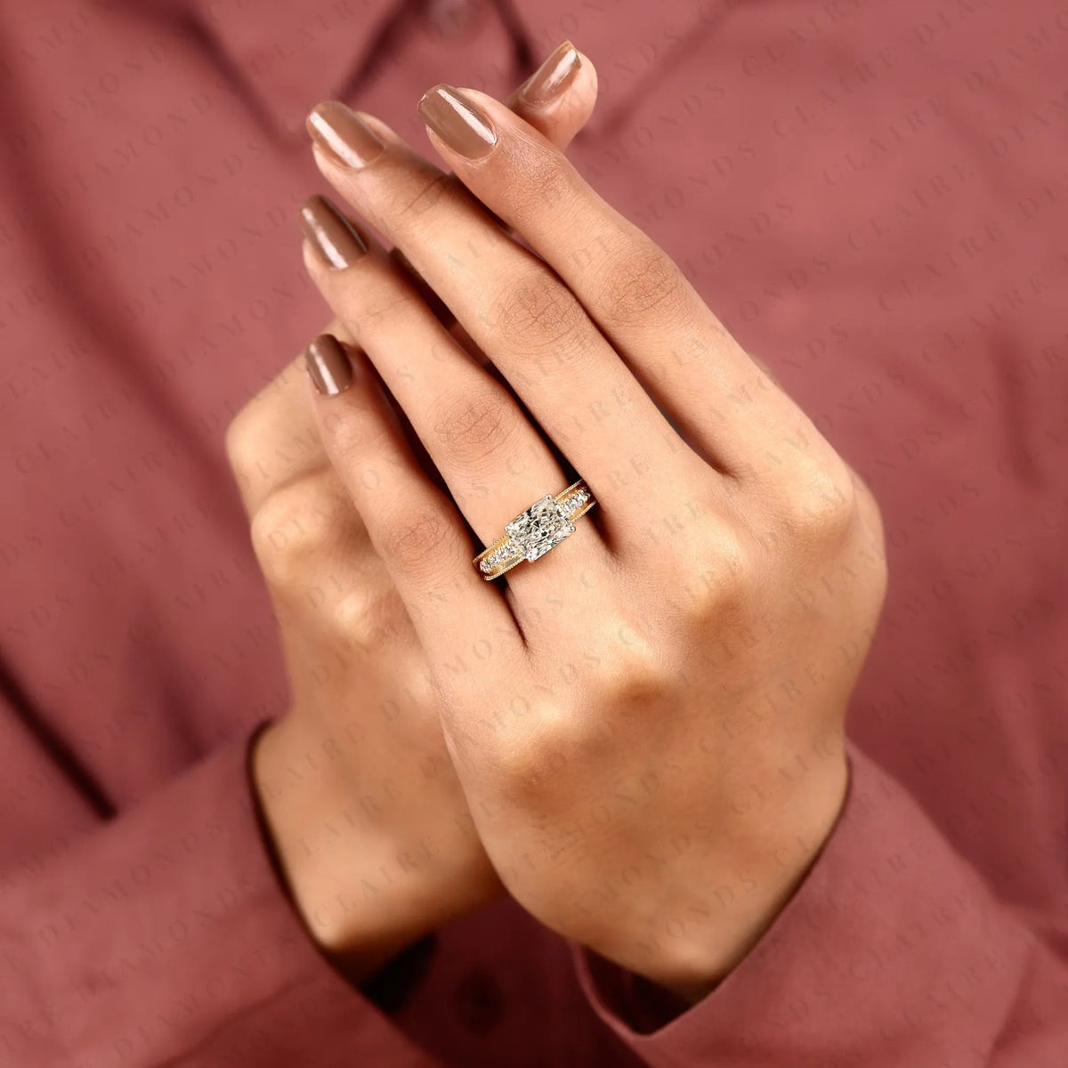 east-west radiant cut lab grown diamond engagement ring pavé band modern horizontal setting elegant bridal jewelry
