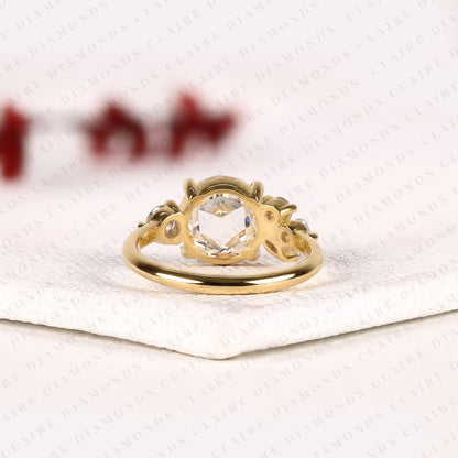 Round Rose Cut Lab Grown Diamond Ring, Unique Engagement Ring With Round & Marquise Side Stones, Floral Cluster Gold Ring