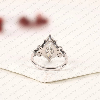 Marquise Cut Lab Grown Diamond Engagement Ring Nature Inspired Floral Ring Vintage Leaf Wedding Ring Unique Proposal Ring