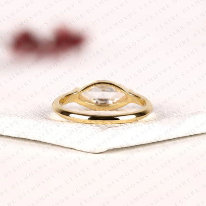East West Marquise Rose Cut Moissanite Diamond Solitaire Ring Half Bezel Minimalist Promise Ring