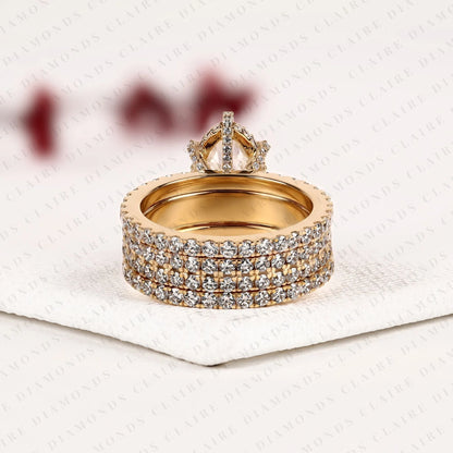 Oval Cut Lab Grown Diamond Hidden Halo Ring Multi Row Pave Gold Band Luxury Bridal Set Wedding Ring for Women