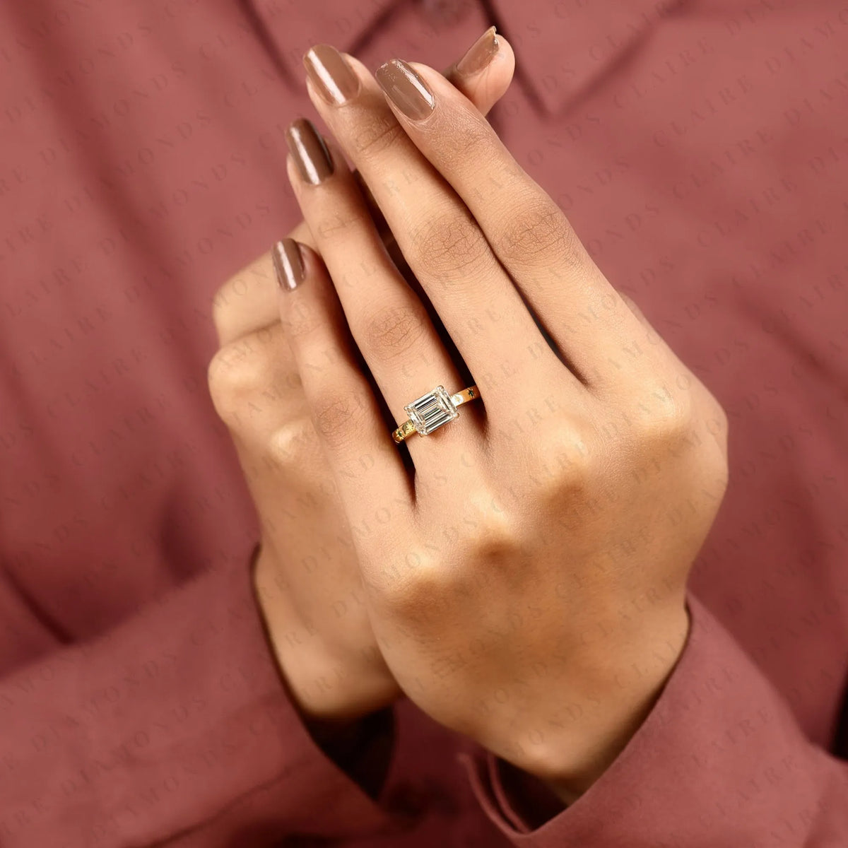 emerald cut lab grown diamond engagement ring yellow gold floral band vintage inspired nature ring with green accent details
