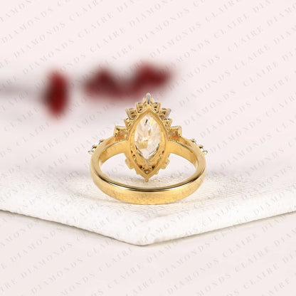 Marquise Cut Moissanite Diamond Engagement Ring Floral Halo with Baguette Accents Yellow Gold Vintage Inspired Bridal Ring