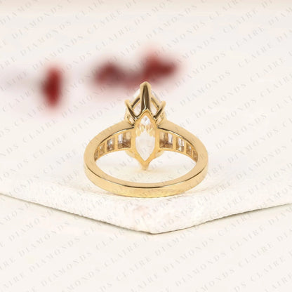 Designer Marquise Moissanite Diamond Engagement Ring with Channel Set Baguette Diamonds