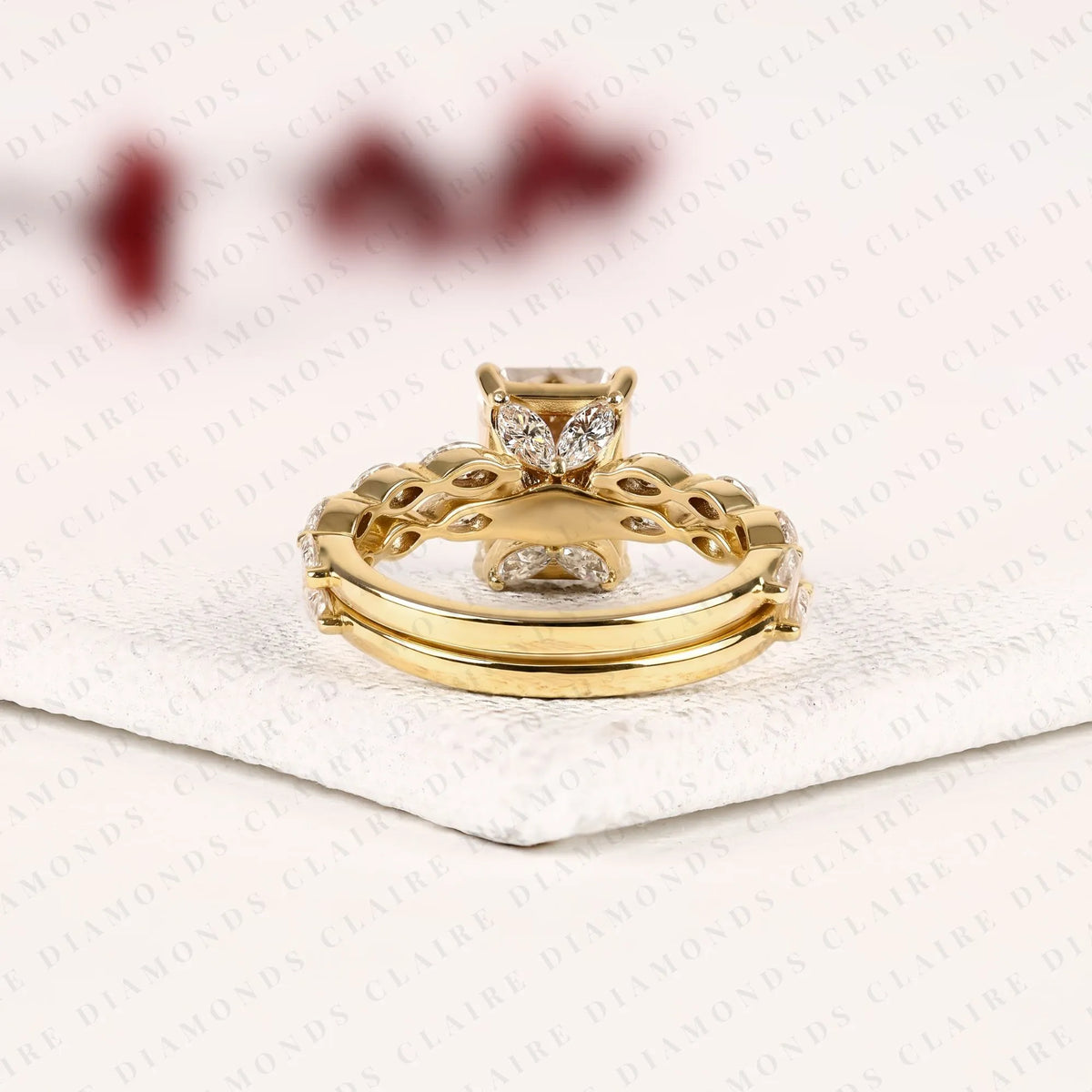 radiant cut lab grown diamond engagement ring set yellow gold double band with pavé side stones unique luxury bridal ring set