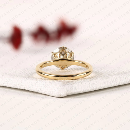 Portuguese Round Cut Lab Grown Diamond Engagement Ring, Solitaire Gold Ring, Unique Bridal Wedding Ring for Women