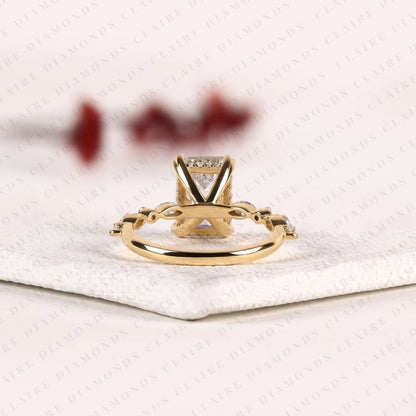 Criss Cut Lab Grown Diamond Engagement Ring, Hidden Halo Gold Ring With Marquise & Round Accent.