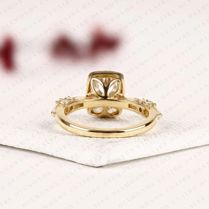 Old Mine Elongated Cushion Cut Lab Grown Diamond Engagement Ring Yellow Gold Bezel Ring with Baguette Side Stone Modern Luxury Bridal Jewelry