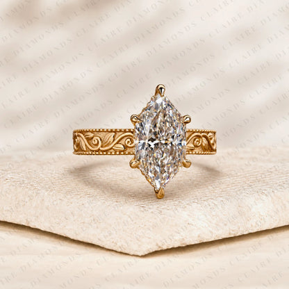 Dutch Marquise Cut Moissanite Diamond Engagement Solitaire Ring Vintage Engraved Gold Band Filigree Wedding Ring Luxury Bridal Jewelry
