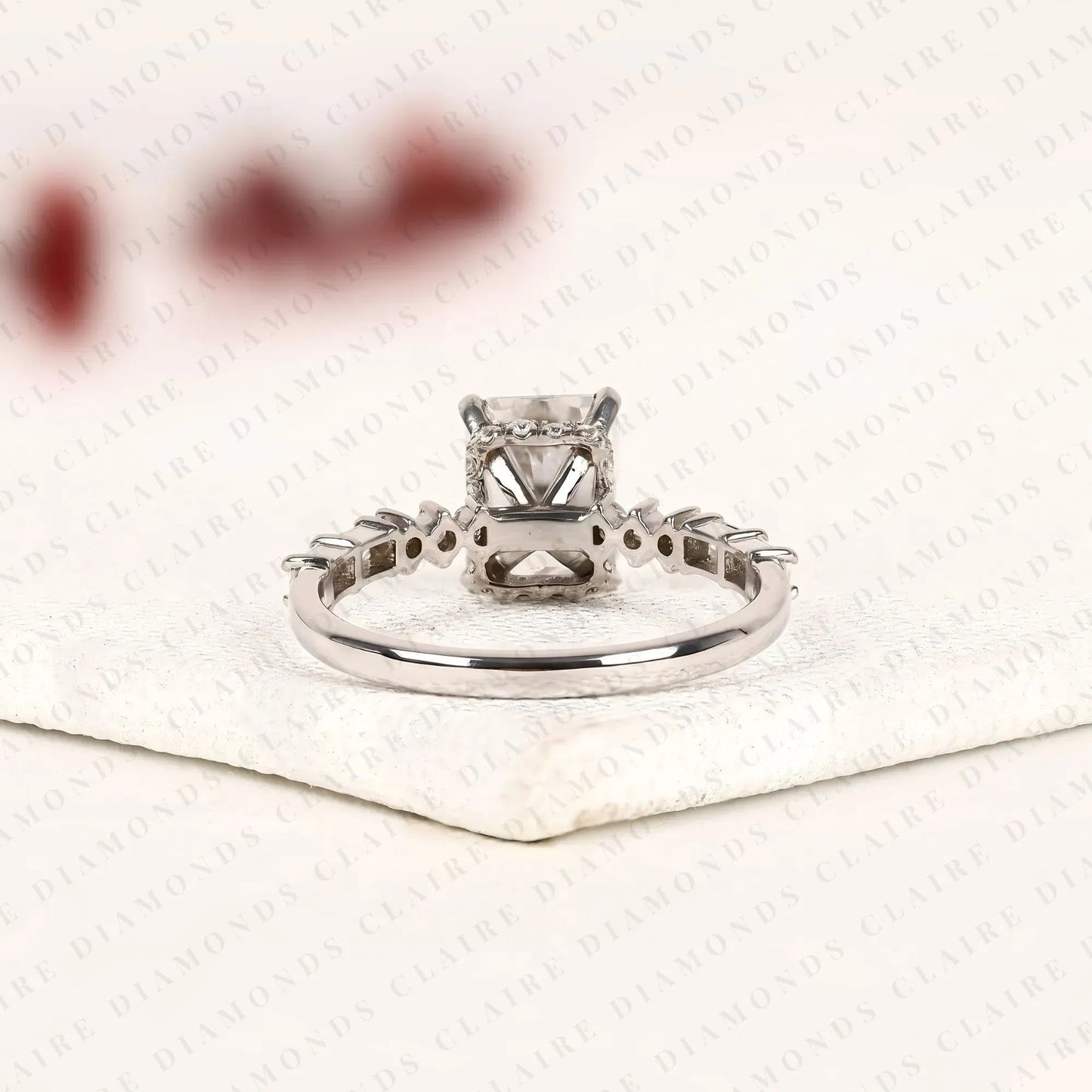 radiant cut lab grown diamond engagement ring with round and baguette side stone accents