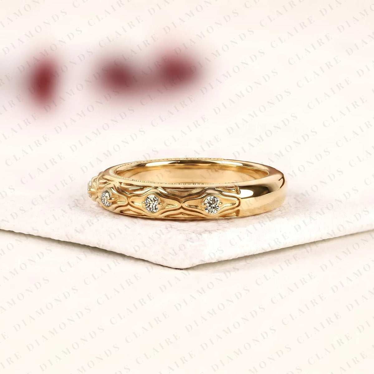 0.42 TCW Round Cut Moissanite Diamond Band Vintage Engraved Gold Wedding Elegant Diamond Anniversary Band for Women