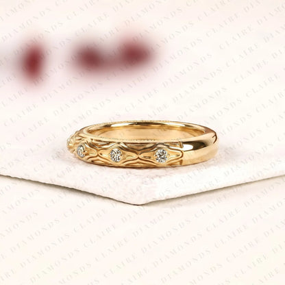0.42 TCW Round Cut Moissanite Diamond Band Vintage Engraved Gold Wedding Elegant Diamond Anniversary Band for Women