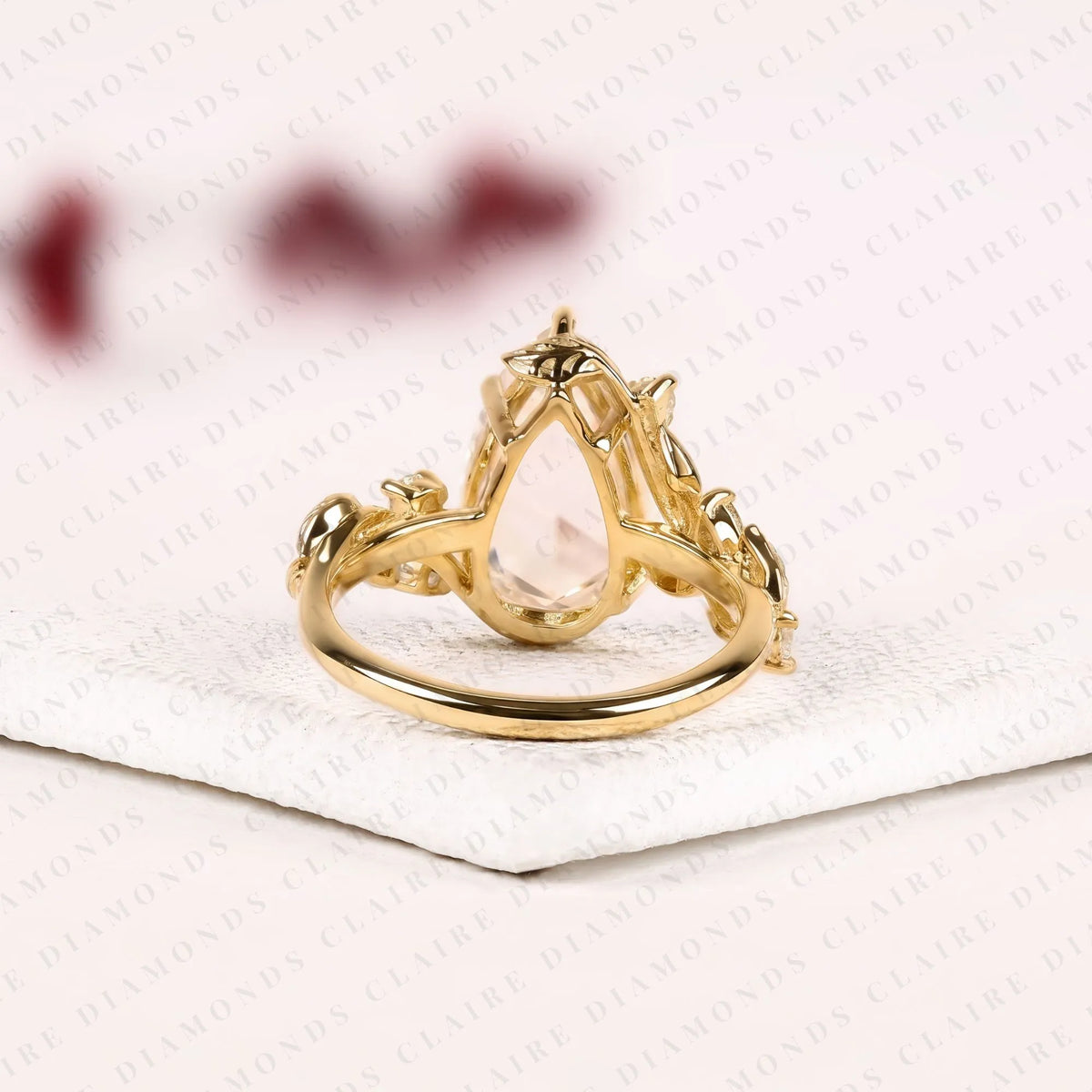 Pear Rose Cut Lab Grown Diamond Engagement Ring Green Marquise Side Stones Botanical Leaf Vine Gold Vintage Wedding Ring