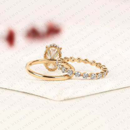 Oval Cut Moissanite Diamond Engagement Ring Hidden Halo with Matching Diamond Band Ring For Her