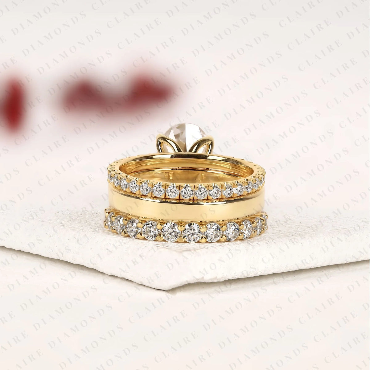oval cut moissanite diamond bridal set hidden halo engagement ring with matching wedding band yellow gold oval ring pave diamond bridal ring set.