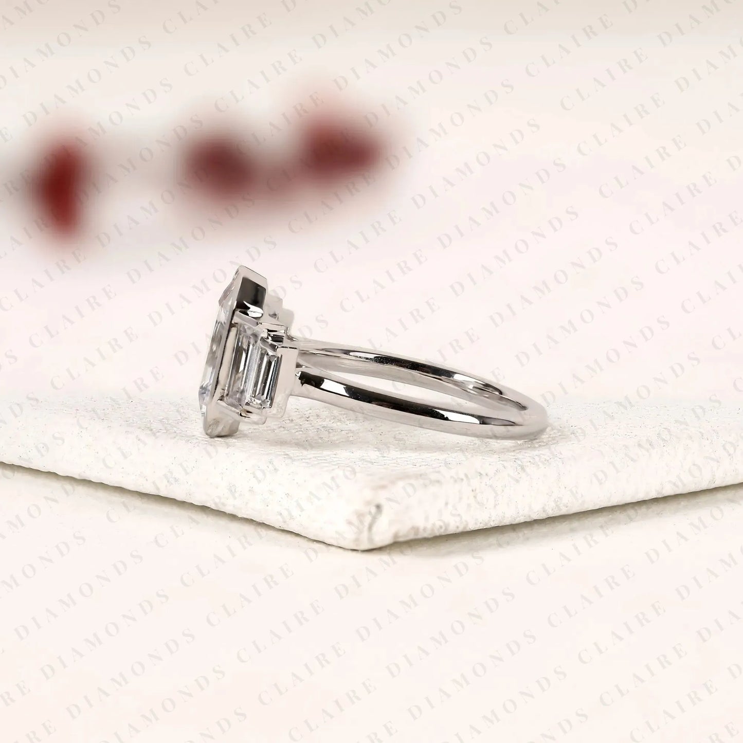 emerald cut three stone lab grown diamond engagement ring bezel set emerald diamond ring with tapered baguette side stones luxury bridal ring