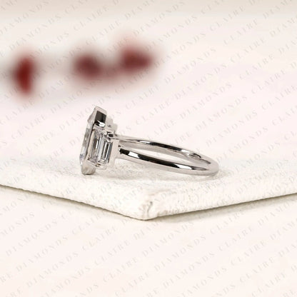 Emerald Cut Three Stone Lab Grown Diamond Engagement Ring Bezel Set Emerald Diamond Ring with Tapered Baguette Side Stones Luxury Bridal Ring