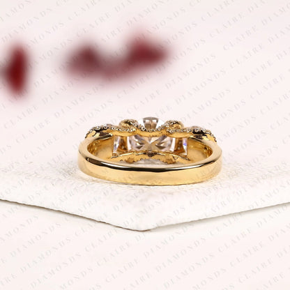 Round Cut Moissanite Diamond Engagement Ring Three Stone Gold Ring with Diamond Accents Luxury Wedding Ring for Women
