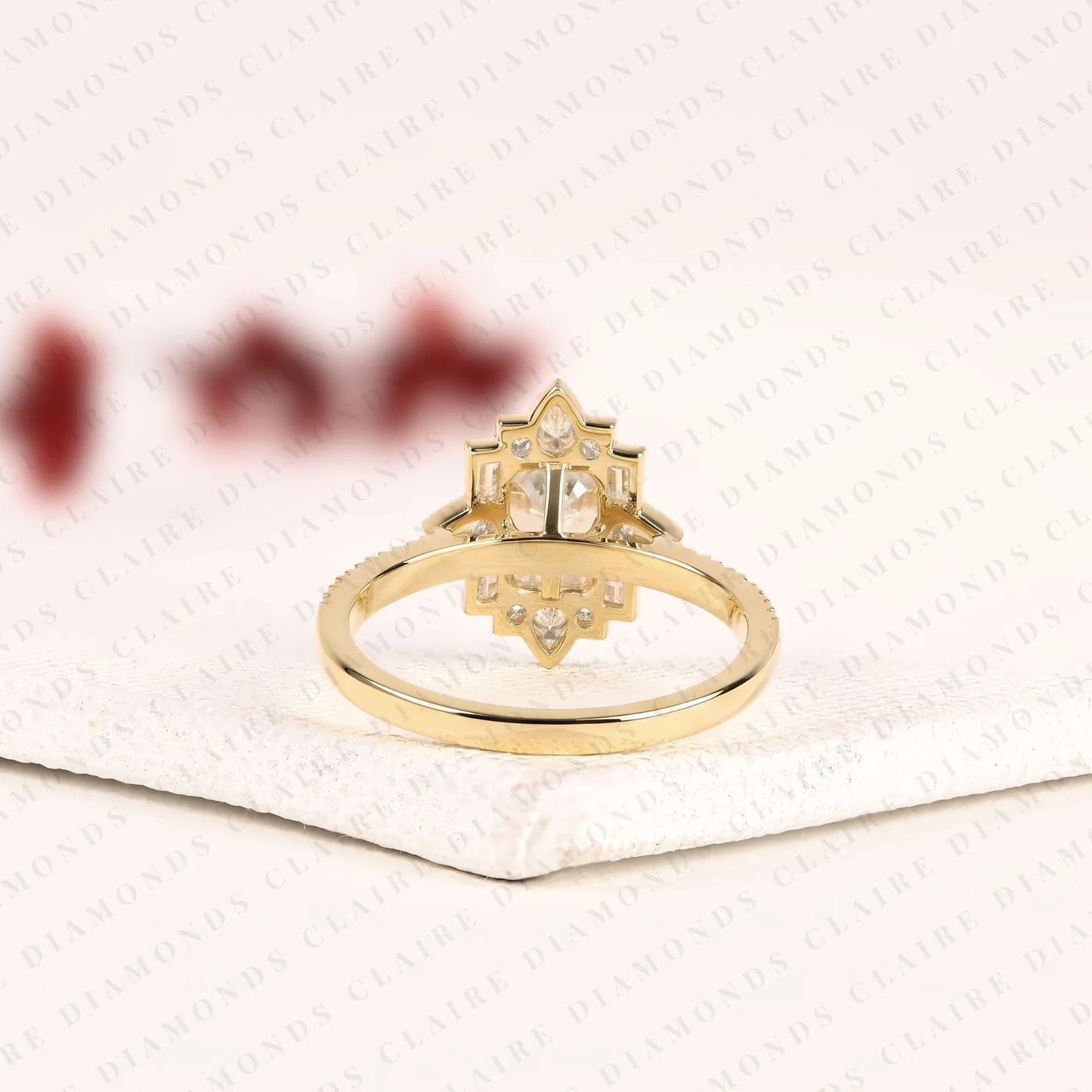 emerald cut lab grown diamond engagement ring milgreen bezel art deco vintage inspired baguette halo diamond bridal ring