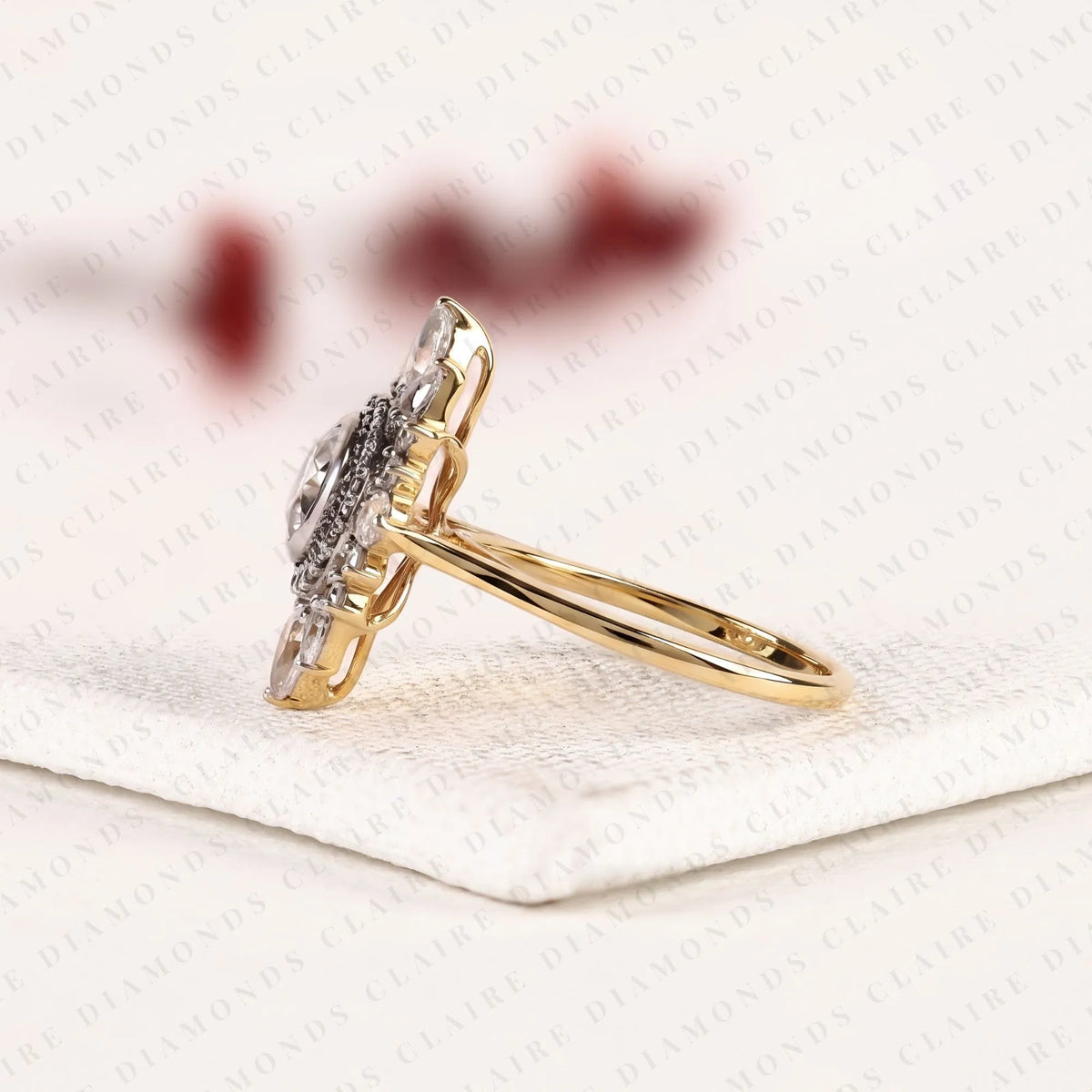 round cut lab grown diamond halo engagement ring floral sunburst design with pear diamond accents in gold