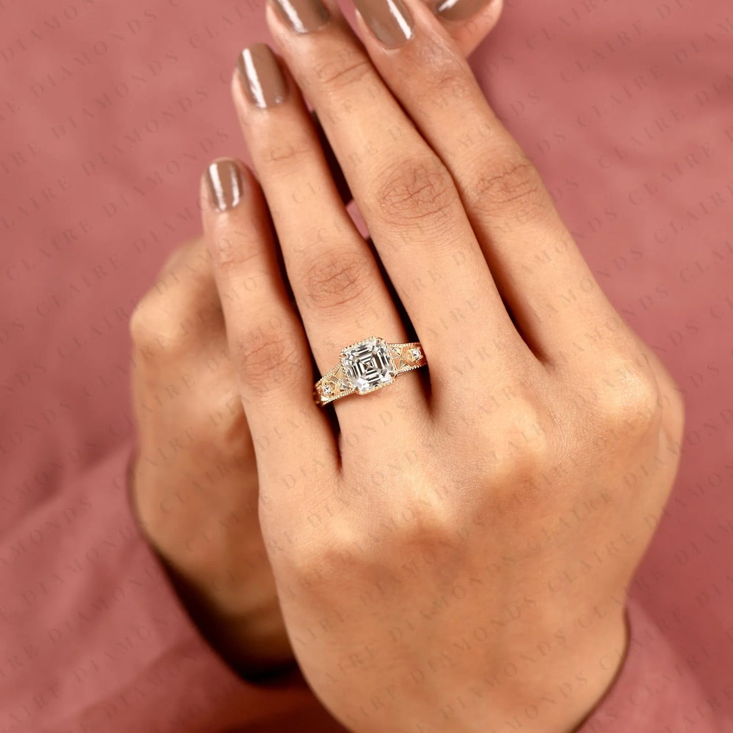 asscher cut moissanite diamond ring with round side stone, vintage engraved art deco band engagement ring solid gold gift.