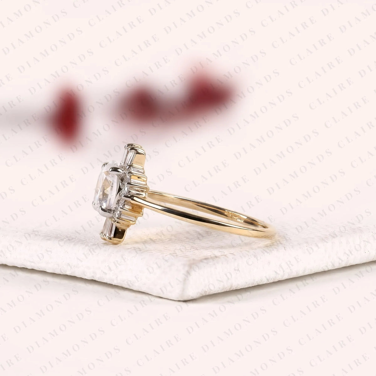 round cut lab grown diamond halo engagement ring baguette accent vintage inspired bridal ring unique luxury jewelry