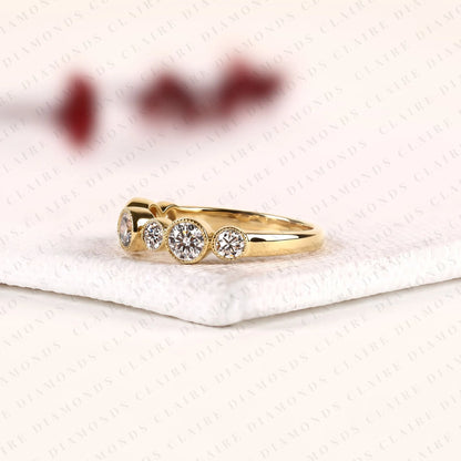 1.15 TCW Round Cut Moissanite Diamond Bezel Band Vintage Inspired Gold Diamond Wedding Ring Elegant  Half Eternity Band for Women