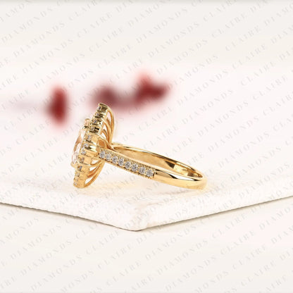 Radiant Cut Lab Grown Diamond Halo Engagement Ring Vintage Inspired Bridal Ring  Elegant Wedding Jewelry