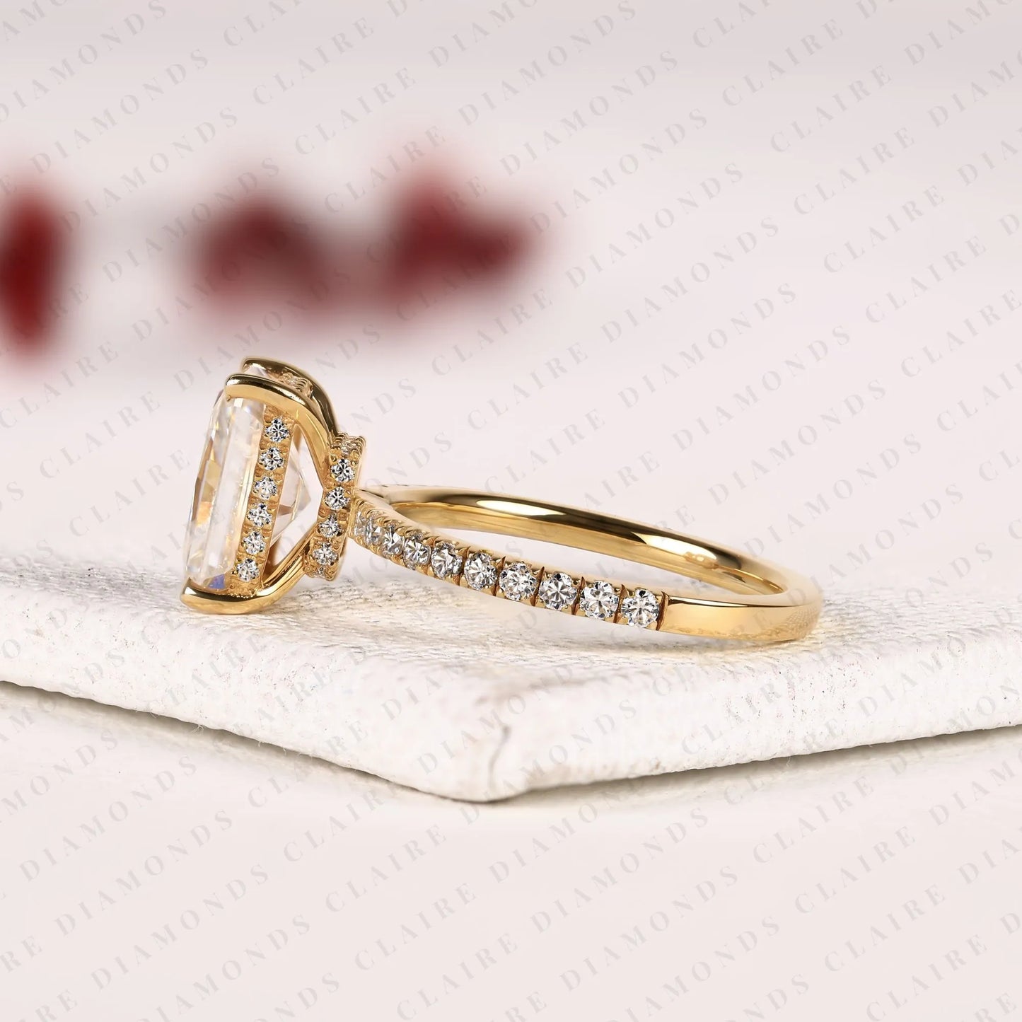 radiant cut moissanite diamond engagement ring with pave band in gold hidden halo ring