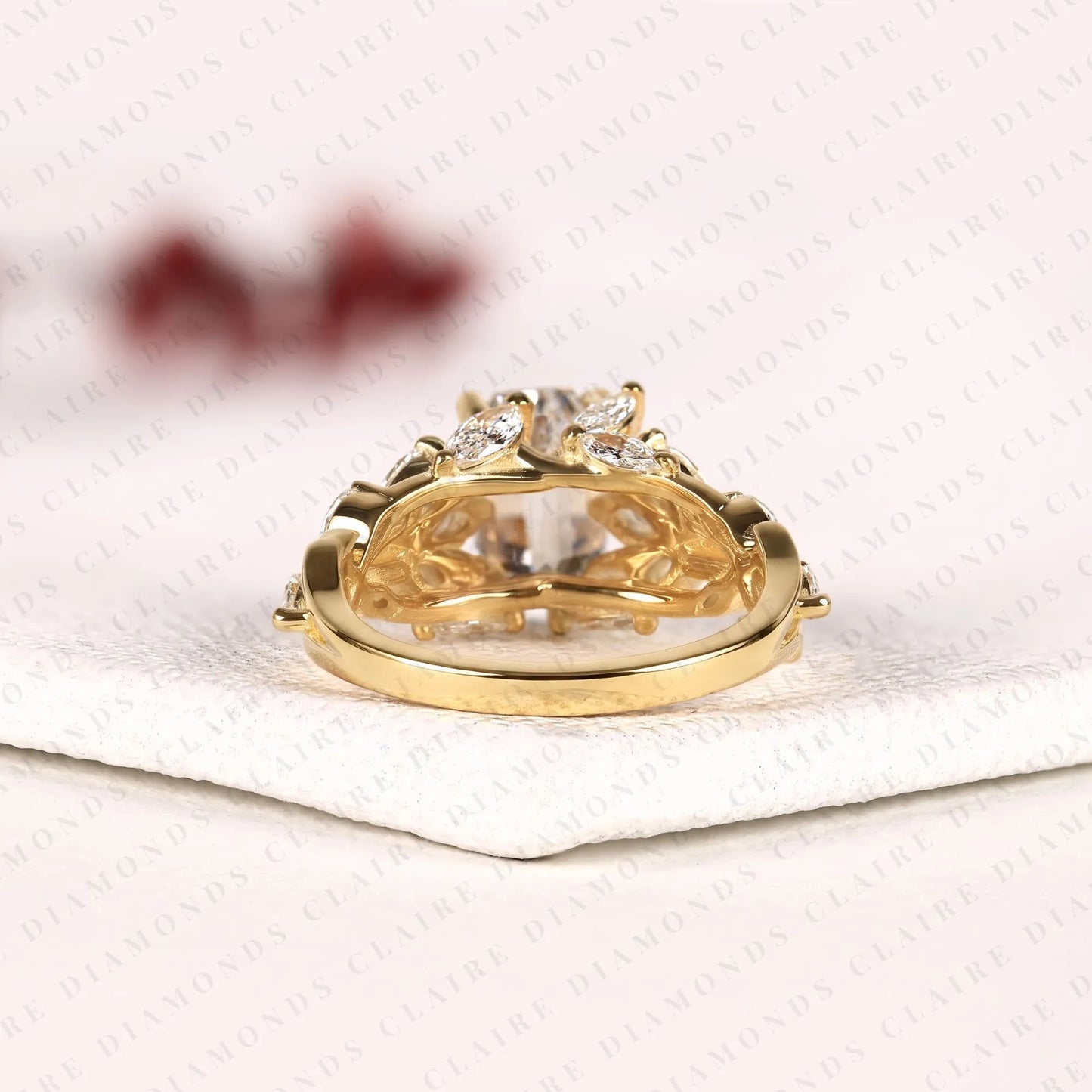 modified emerald cut lab grown diamond engagement ring floral vintage halo ring unique gold bridal ring statement wedding jewelry