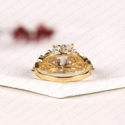 Modified Emerald Cut Lab Grown Diamond Engagement Ring Floral Vintage Halo Ring Unique Gold Bridal Ring Statement Wedding Jewelry