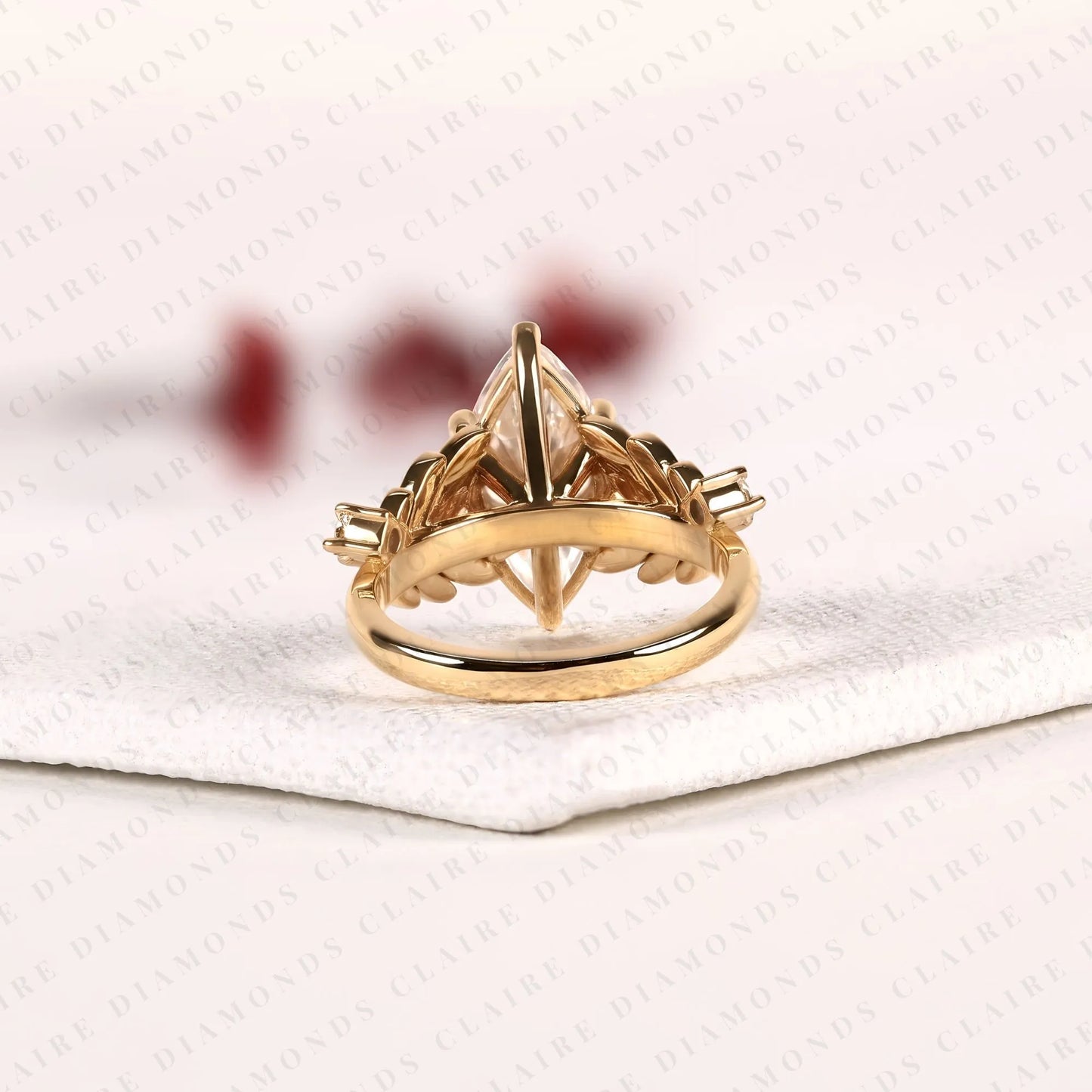 marquise cut lab grown diamond engagement ring with round side stone diamonds, vintage rings art deco vintage gold ring nature inspired promise ring anniversary gift for her.